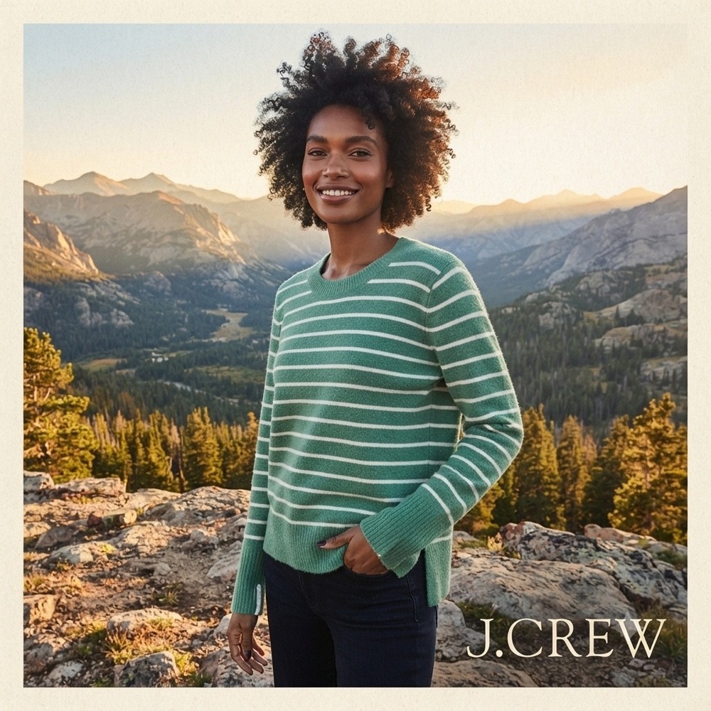 J.Crew Extra-Soft Green White Striped Merino Wool Blend Crewneck Sweater XL $89